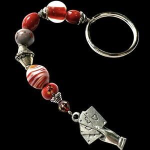 Artisan Glass Silver Tone Bead Hand Playing Card BAG CHARM KEYCHAIN ZIPPER Pull